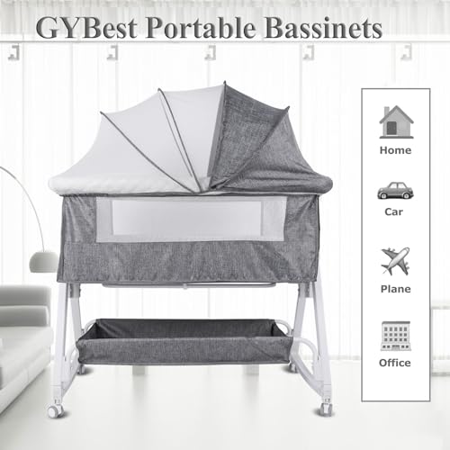 GYBest Transportable Bedside Bassinet for Infants, Adjustable Top Cradle with Storage Basket and Wheels, Child Sleeper with Protecting Options