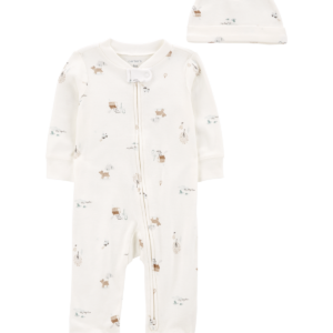 Toddler 2-Piece Floral Cotton Sleep & Play Pajama Set with 2-Means Zip and Cap