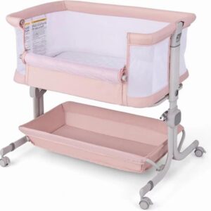 Nightcore Adjustable Crib with Storage Rack, Wheels, Foldable Design, Mattress & Tote Bag – Bedside Sleeper for Newborns