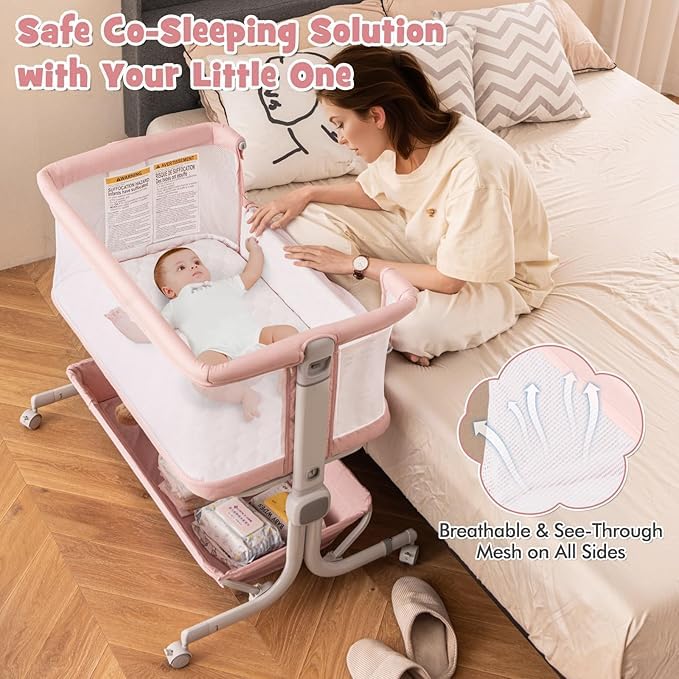 Nightcore Adjustable Crib with Storage Rack, Wheels, Foldable Design, Mattress & Tote Bag - Bedside Sleeper for Newborns