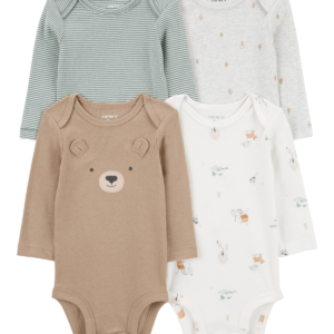 Set of 4 Lengthy-Sleeve Bear Bodysuits for Infants